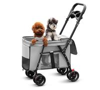 Cochecito para mascotas de 4 ruedas, cochecito fácil de plegar para perros pequeños y medianos, transportador plegable de viaje, malla transpirable y visible con portavasos (gris)