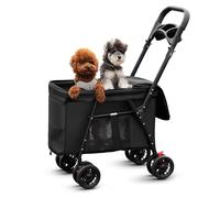 Cochecito para mascotas de 4 ruedas, cochecito fácil de plegar para perros pequeños y medianos, transportador plegable de viaje, malla transpirable y visible con portavasos (negro)