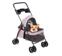Cochecito para mascotas de 4 ruedas, para perros medianos y pequeños, gatos, plegable, impermeable, con portavasos, transpirable, malla visible, color rosa