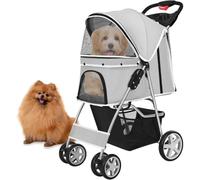 Cochecito para mascotas para perros y gatos - Cochecito plegable ligero con 4 ruedas bloqueables, cinturón de seguridad, toldo ajustable, cesta de almacenamiento de malla y portavasos