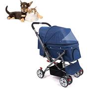 Cochecito para perro/gato/mascota, 4 ruedas, mango reversible, plegable, duradero, adecuado para mascotas pequeñas y medianas (azul)