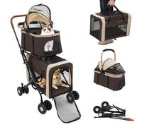 Cochecito para perros 3 en 1 hasta 35 kg, plegable, para perros y gatos, con ruedas giratorias de 360° con frenos, para paseos por el bosque, paseos por la ciudad y visitas al veterinario (color café)