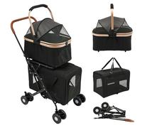 Cochecito para perros 3 en 1 hasta 35 kg, plegable, para perros y gatos, con ruedas giratorias de 360 ° con frenos, para paseos por el bosque, paseos por la ciudad y visita al veterinario (negro)