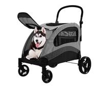 Cochecito para perros extragrandes, perros mayores/perros discapacitados/varios perros, diseño plegable, mango ajustable, con bolsillo, hasta 132 libras, carrito de viaje al aire libre, gris