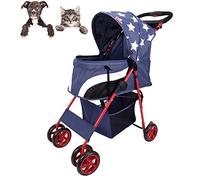 Cochecito plegable de cuatro ruedas para gatos y perros + hebilla de seguridad + tubo redondo integrado + rueda EVA de alta densidad, estilo atrevido, único (azul)