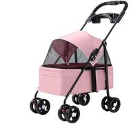 Cochecito plegable for mascotas de 4 ruedas, cochecito con jaula for perros y gatos con dosel que se puede abrir en la parte delantera y trasera y ventana de malla, for salir de perros y gatos(Pink)