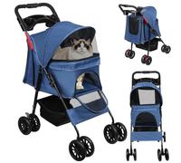 Cochecito plegable perro gato cesta portavasos tejido 300D Oxford impermeable 4 ruedas, animales viaje cochecito para perro, 98 x 67 x 46 cm, color azul