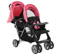 Cochecito tándem para dos niños, plegable, con cesta grande, color rosa y negro, 6-36 meses