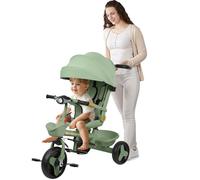Cochecito triciclo de pedal, 4 en 1, triciclo infantil evolutivo, cochecito triciclo de pedal, y parasol plegable extraíble y caña parental ajustable, 100 x 75 x 50 cm, verde