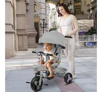 Cochecito triciclo de pedal, 4 en 1, triciclo infantil evolutivo, cochecito triciclo de pedal, y parasol plegable extraíble y caña parental ajustable, 100 x 75 x 50 cm, gris
