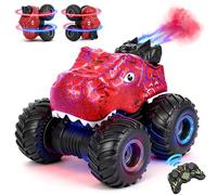 Coches de Dinosaurio de Juguete - Camiones Monstruo de Control Remoto con Luz LED y Música, Juguetes de Dinosaurios para Niños con Giros de 360° y Derrapes, Coche de Control Remoto para Niños (Rojo)