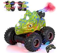 Coches de Dinosaurio de Juguete - Camiones Monstruo de Control Remoto con Luz LED y Música, Juguetes de Dinosaurios para Niños con Giros de 360° y Derrapes, Coche de Control Remoto para Niños (Verde)