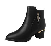 Cocila Botas De Color Sólido para Mujer con Cremallera Lateral Y Hebilla Imitación Tacón Medio Punta Redonda Ancho Especial Caña Ancha Altas Piel Negro Botines Tacon Bajo Pitillos Invierno