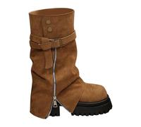 Cocila Botas De Cuero Estilo Retro Comercio Exterior Para Otoño E Invierno, Nuevas Con Mangas Redondas Y Cabeza Redonda. Agua Coronel Mujer Altas Marrones Tacon Botines Piel Marrón Chocolate