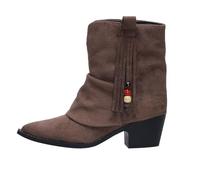Cocila Botines De Ante Tacón Medio Con Punta Fina Para Mujer, Estilo Western, Puño Plisado Y Flecos. Botín Pelo Mujer Botas Altas Negras Planas Piel Tacon Planos Negro Pitillos Zapatos