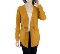 Cocila Cardigan Mujer Primavera Women's Autumn New European and American Loose Waist Knitwear Pocket Medium Length Sweater Coat (Yellow, One Size) Ropa De Verano Chaqueta Ligera Gasa Larga Punto