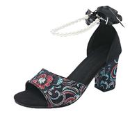 Cocila Mujer Sandalias De Tacón Ancho Con Tiras Grueso Bordado Para Mujer, Hebilla, Pez (Black, 38) Plateadas Zapatos Novia Boda Comodos Plataforma Verano Womens Sandals Vestir Tacones Sexy The