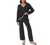 Cocila Pijamas para Mujer Conjuntos De 2 Piezas Mujer, Otoño 2026, Chándales, Suéter Punto con Cuello En V, Conjunto Estar por Casa A Juego Pantalon Corto Pijama Camisero Calentitos Invierno
