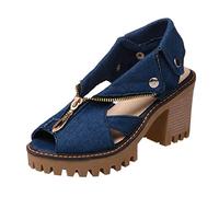 Cocila Sandalia De Vestir Para Mujer Con Alta Tacón Ancho Cuffed Denim High Heel Sandals Thick Platform Mouth Casual Shoes (Dark Blue, 37) Zapatos Tacon Sandalias Verano Rojas Azules Elegantes