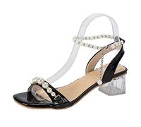 Cocila Sandalia De Vestir Para Mujer Con Alta Tacón Ancho Estilo Verano 2023 Nueva Línea Perlas Tacones Altos Sandalias (Black, 42) Negros Negro Tacon Altas Dorada Plataforma Cuñas Plateadas