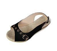 Cocila Sandalias De Mujer Con Tacones Tacón Gruesa Decorativa Hebilla Cinturón Punta Abierta Lona Color Sólido A La Para Plantilla (Black, 42) Verano Caminar Deportivas Women Sandals Summer