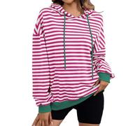 Cocila Sudadera para Mujer con Capucha De Tamaño Mujer, Bloques Color A Rayas, Tops Manga Larga Cordón, Y 2K Camisa Bolsillo (Rosa Caliente, XL) Chaqueta Deportiva Pelo Casaca Invierno Sudaderas
