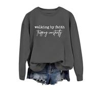 Cocila Sudadera Rayas Mujer Walking by con Estampado De Y Cuello, Informal, (Dark Gray, XL) Sudaderas Tallas Grandes Deporte Blanca Negra Sin Capucha Navideña Basicas Navidad Casual Gris Marron