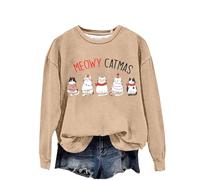 Cocila Sudaderas Mujer Oversize Sudadera Informal con Estampado De Y Maullidos Navideños para Mujer, Suéter Cuello Mangas Largas, Divertida Moderna (Caqui, XXL) Algodon Fina Running Blanca Polar