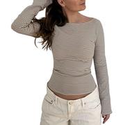 Cocila Sweatshirt Women's Long Sleeve Striped T Shirt Slim Fit Neck Crop Top Fall Clothing Pullover (Marrón, L) Sudadera Larga Mujer Sudaderas De Muejr Cremallera Sin Capucha Polar Verde Forro