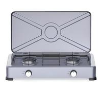 Cocina a Gas Portátil 2 Fuegos para Camping y Exterior, Cocina de Butano con Tapa, Superficie Esmaltada Fácil de Limpiar, Quemadores Duraderos, Estable y Robusta para Picnic, Viajes y Uso Familiar