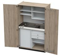 Cocina-armario con puertas batientes 2 placas de cocción eléctricas, fregadero a la derecha