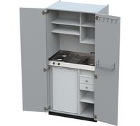 Cocina-armario con puertas batientes 2 placas de cocción eléctricas, fregadero a la derecha
