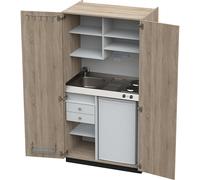 Cocina-armario con puertas batientes 2 placas de cocción eléctricas, fregadero a la izquierda