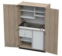 Cocina-armario con puertas batientes 2 placas de cocción eléctricas, fregadero a la izquierda