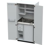 Cocina-armario con puertas batientes 2 placas de cocción eléctricas, fregadero a la izquierda