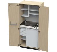 Cocina-armario con puertas batientes 2 placas de cocción eléctricas, fregadero a la izquierda