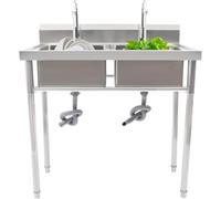 Cocina Comercial Doble Independiente con 2 Grifos, Fregadero Deo Inoxidable con Escurridor para Garaje, Lavadero O Exteriores./120 * 60 * 80 cm