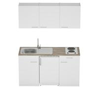 Cocina compacta Luis (Ancho: 150 cm, Blanco, Frigorífico y placa de cocción doble, Color de la encimera: Roble)