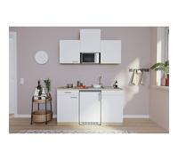 Cocina compacta Luis (Ancho: 150 cm, Blanco, Placa vitrocerámica, frigorífico y microondas, Microondas, Color de la encimera: Roble)