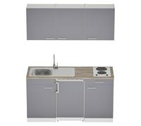 Cocina compacta Luis (Ancho: 150 cm, Gris, Frigorífico y placa de cocción doble, Color de la encimera: Roble)