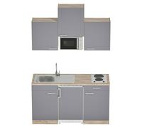 Cocina compacta Luis (Ancho: 150 cm, Gris, Placa de cocción doble, frigorífico y microondas, Microondas, Color de la encimera: Roble)