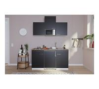 Cocina compacta Luis (Ancho: 150 cm, Negro, Con placa de cocina doble, Microondas, Color de la encimera: Nogal)