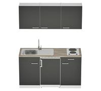 Cocina compacta Luis (Ancho: 150 cm, Negro, Frigorífico y placa de cocción doble, Color de la encimera: Roble)