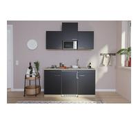Cocina compacta Luis (Ancho: 150 cm, Negro, Placa de cocción doble, frigorífico y microondas, Microondas, Color de la encimera: Roble)