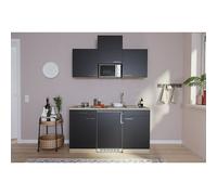Cocina compacta Luis (Ancho: 150 cm, Negro, Placa vitrocerámica, frigorífico y microondas, Microondas, Color de la encimera: Roble)