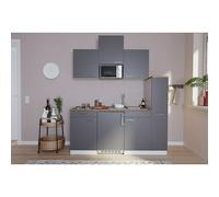 Cocina compacta Luis (Ancho: 180 cm, Gris, Color del cuerpo: Blanco, Con placa de cocina doble y microondas)
