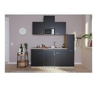Cocina compacta Luis (Ancho: 180 cm, Negro, Color del cuerpo: Marrón, Placa vitrocerámica, frigorífico y microondas)