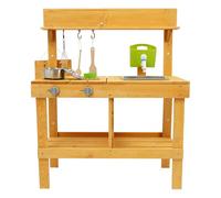 Cocina de barro para niños al aire libre de madera con lavabo auténtico, accesorios de cocina, juguete de jardín con dispensador de agua y ollas, cocina de barro para verter juegos sensoriales