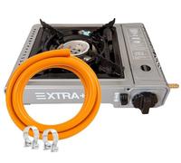 Cocina de Camping Gas Portátil DUAL - Compatible con Cartucho B-250 y Botella de Butano - Hornillo Camping Potente, Seguro y Compacto para Exterior y Emergencias (COCINA DUAL + MANGUERA + ABRAZADERAS)