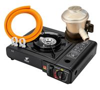 Cocina de Camping Gas Portátil DUAL - Compatible con Cartucho B250 y Botella de Butano - Hornillo Camping Potente, Seguro y Compacto para Exterior (COCINA DUAL + MANGUERA + REGULADOR GAS)